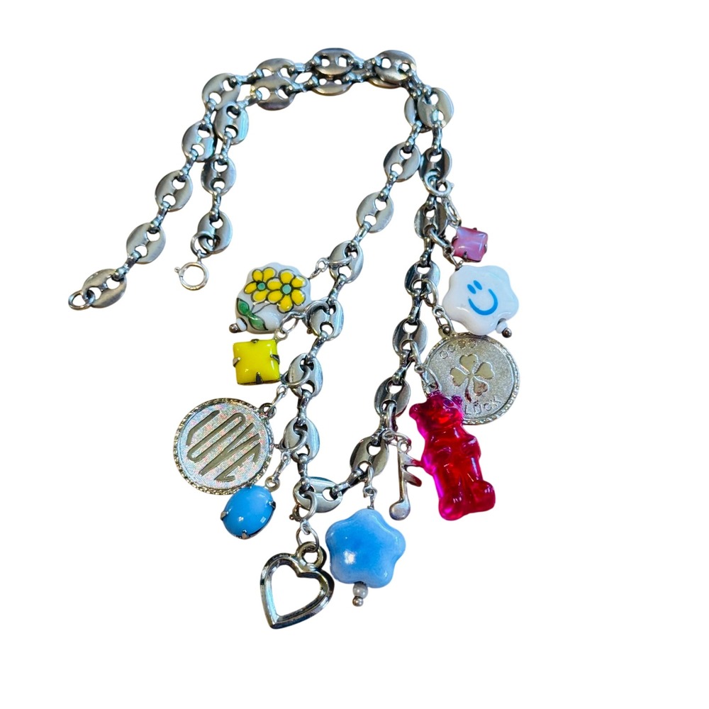 90s Groovy Charm Choker Necklace Statement Retro Boho Stainless steel 925 Silver